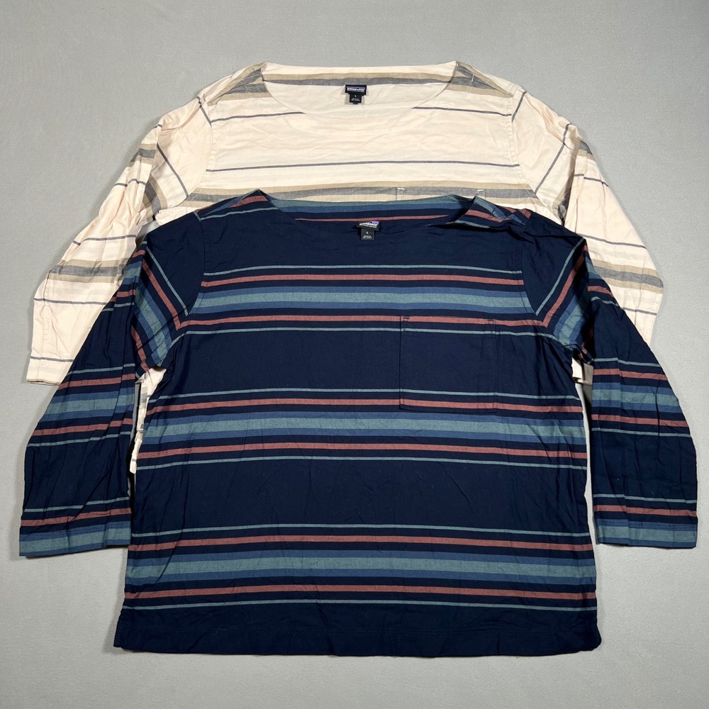Patagonia Organic Cotton Striped 3/4 Sleeve Boat Neck Top Lot of 2 Navy Cream L